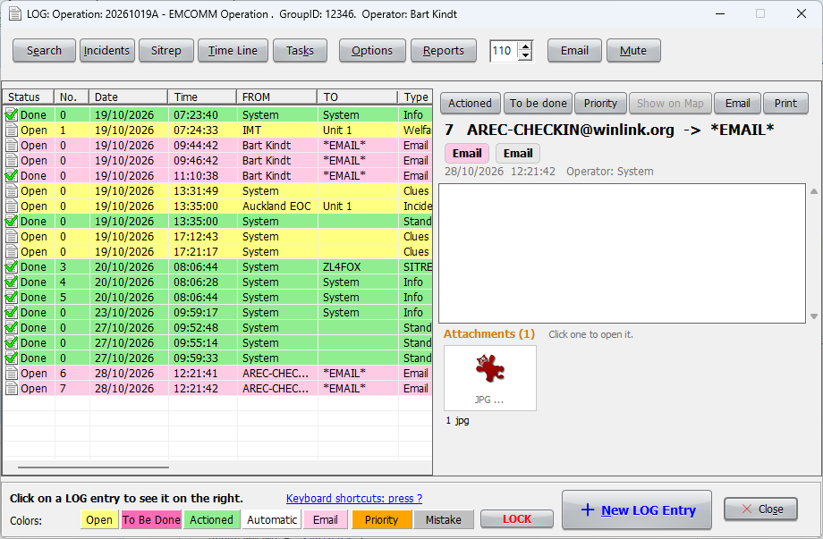The Operations Log of an EMCOMM Operation, with a Winlink message